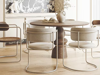 Cream Style Dining Table and Chair Round Dining Table Dining Chair Wine Cabinet 3d model