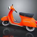 Classic Orange Scooter with Black Seat and Reflective Surface on Dark Background
