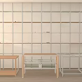 Modern Shelves And Tables With Different Designs Against Grid Wall Background 3d model