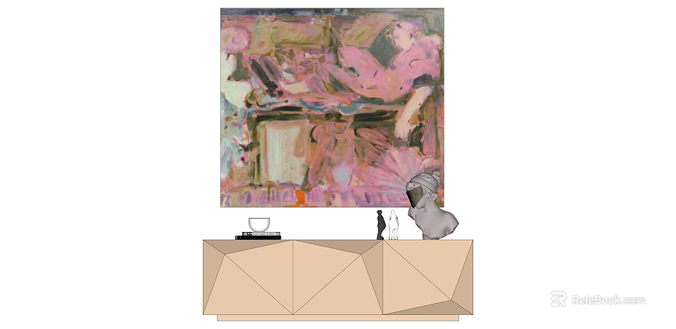 Abstract Painting With Vibrant Pink Green Hues On Geometric Console Table With Decorative Objects 3d model 