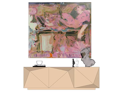 Abstract Painting With Vibrant Pink Green Hues On Geometric Console Table With Decorative Objects 3d model
