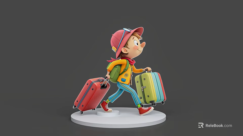 Man walking with red cap yellow jacket green backpack and two suitcases red green yellow 3d model 