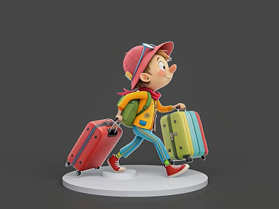 Man walking with red cap yellow jacket green backpack and two suitcases red green yellow 3d model