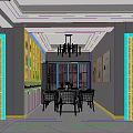 Modern Living and Dining Room Interior With Gray Sofa Yellow Cushions Blue Curtains