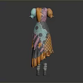 Man wearing colorful patchwork dress with orange pink blue gray irregular hem and striped socks