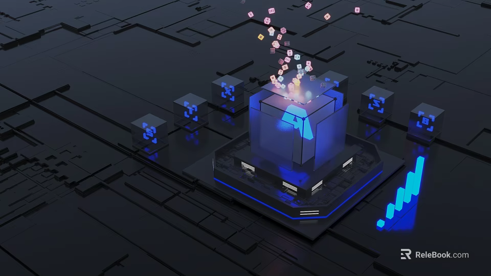 Digital Tech Cube With Glowing Particles And Blue Data Blocks On Dark Background 3d model 