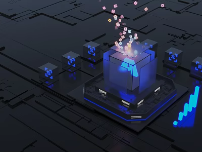 Digital Tech Cube With Glowing Particles And Blue Data Blocks On Dark Background 3d model