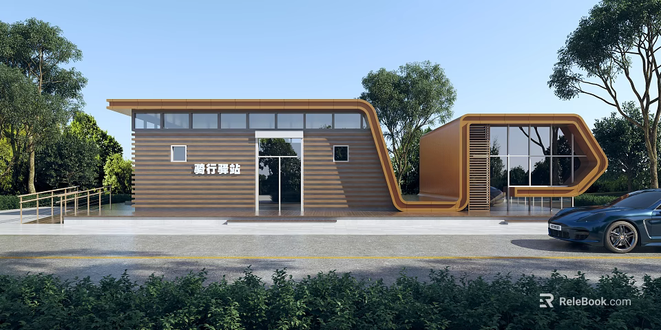 Modern Cycling Pavilion With Wooden Exterior Glass Windows And Green Surroundings 3d model 
