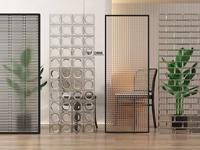 Modern Room Dividers With Grid Circular And Striped Designs And Green Plants In Interior 3d model