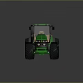 Green Farm Tractor With Enclosed Cab Large Black Tires And Yellow Rimmed Wheels