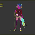 Game Movie Character Wearing Blue Hoodie Black Shorts Purple Hair Headphones and White Spider Plush