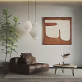 Modern Brown Leather Single Sofa With Side Table Green Plant Wall Art And Hanging Lamp