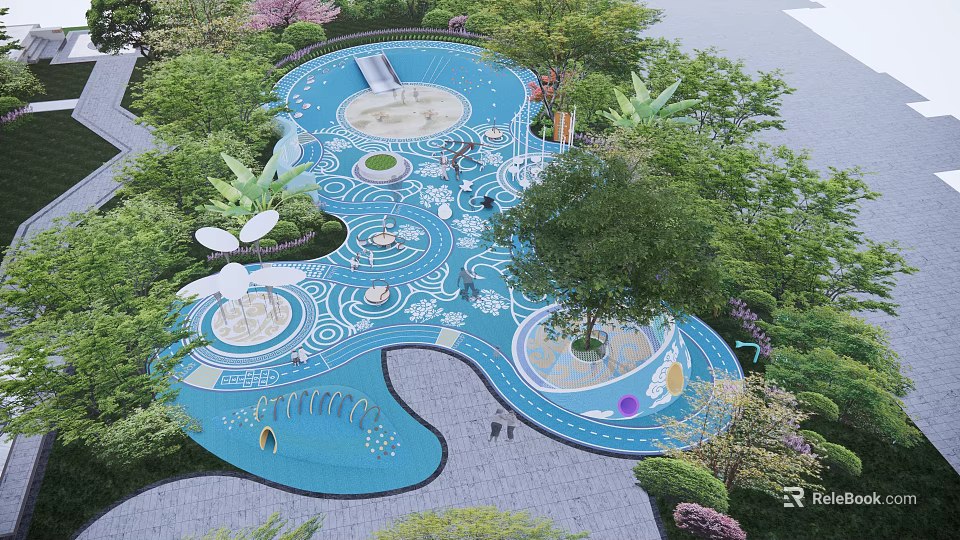 Vibrant Kids Playground With Blue Curved Surface Greenery And Play Structures 3d model