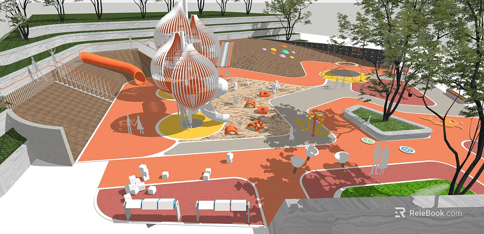 Colorful Kids Playground With Slide Sandpit Umbrella Shaped Structures And Seats 3d model 