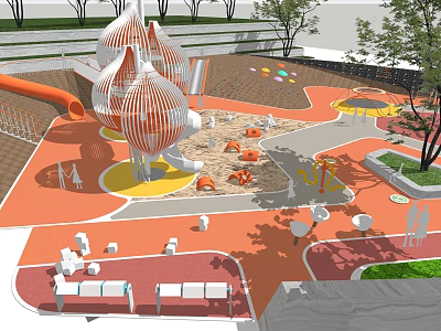 Colorful Kids Playground With Slide Sandpit Umbrella Shaped Structures And Seats 3d model