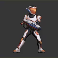 Futuristic Game Character In White And Orange Armor Holding Weapon In Combat Stance