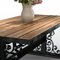 Vintage Dining Table Set with Wooden Top Metal Frame Chairs Vase Flowers Gray Wall Clock
