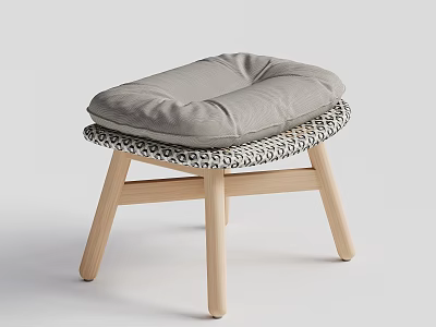 Modern Gray Cushioned Stool With Wooden Legs And Patterned Seat Design 3d model