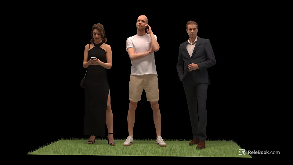 Three People Standing on Green Grass with Different Outfits and Poses 3d model 