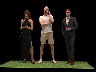 Three People Standing on Green Grass with Different Outfits and Poses 3d model