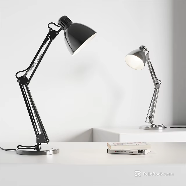 Two Adjustable Desk Lamps Black And Silver Illuminated On White Tabletop With Minimalist Background 3d model 