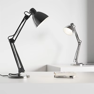 Two Adjustable Desk Lamps Black And Silver Illuminated On White Tabletop With Minimalist Background 3d model