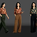 Three Women In Stylish Floral Shirts And Wide Leg Pants With Handbag