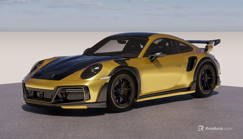 Golden Sports Car Featuring Black Roof Accents Rear Spoiler And Wheels 3d model 
