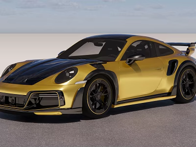 Golden Sports Car Featuring Black Roof Accents Rear Spoiler And Wheels 3d model