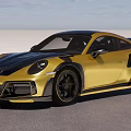 Golden Sports Car Featuring Black Roof Accents Rear Spoiler And Wheels