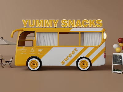 Yellow And White Food Truck With YUMMY SNACKS Sign And Outdoor Seating Tables 3d model