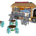 Functional Food Truck With Canopy Roof Steps Outdoor Dining Tables And Blue Stools