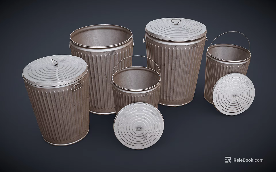 Metal Trash Cans with Lids and Ribbed Design in Various Sizes for Home Use 3d model 