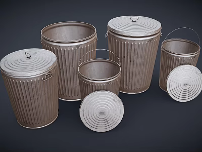 Metal Trash Cans with Lids and Ribbed Design in Various Sizes for Home Use 3d model