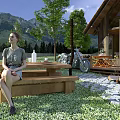 Wooden Detached Villa With Lawn Trees Mountain View Dog And Motorcycle