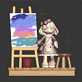 Beret Wearing Cartoon Character with Easel Colorful Painting Stool and Red Bucket on Wooden Platform