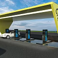 Modern Gas Station Exterior With Yellow Canopy Fuel Pumps And Cars