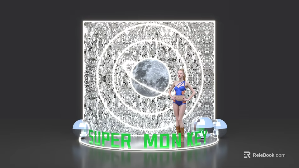Super Monkey Themed Photo Spot With Illuminated Moon Display And Circular Patterns 3d model
