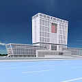 Modern Office Building Architectural Design With White Exterior Glass Curtain Wall And Blue Sky
