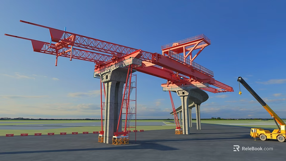 Large Red Industrial Gantry Crane With Concrete Pillars At Construction Site 3d model 