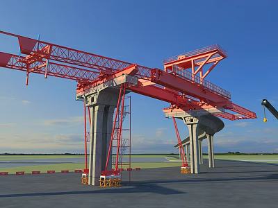 Large Red Industrial Gantry Crane With Concrete Pillars At Construction Site 3d model