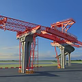 Large Red Industrial Gantry Crane With Concrete Pillars At Construction Site 3d model