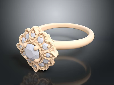 Elegant Vintage Gold Ring with Central Gemstone and Surrounding Small Stones Intricate Floral Design 3d model
