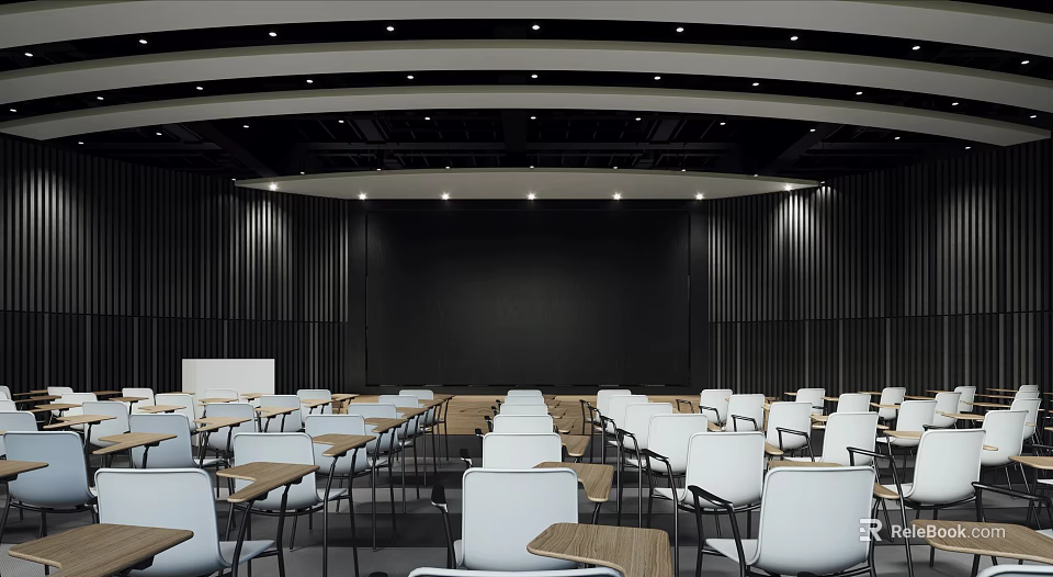 Large Modern Conference Room With Rows of Seats Tables Black Backdrop Wall and Lighting 3d model 
