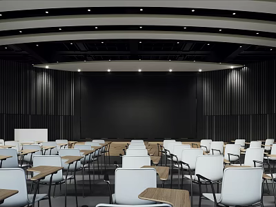 Large Modern Conference Room With Rows of Seats Tables Black Backdrop Wall and Lighting 3d model