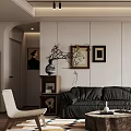 Modern Living Room Interior With Black Leather Sofa Round Wooden Coffee Table Geometric Rug And Abstract Wall Art