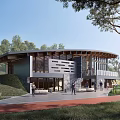 Scenic Wooden Rest Pavilion With Large Glass Windows And People Gathering In Green Surroundings