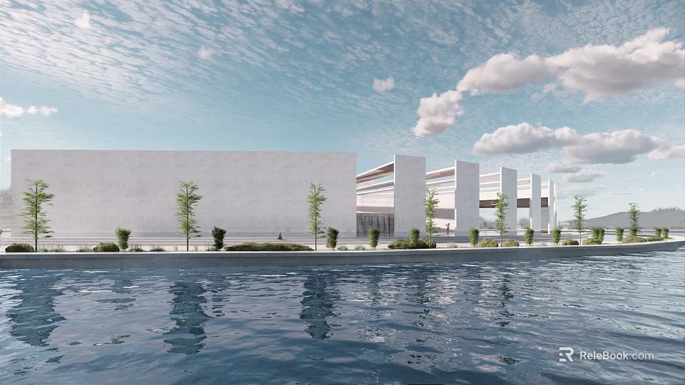 Modern White Architecture Exterior with Water Pool Reflections and Green Plants 3d model 