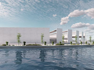 Modern White Architecture Exterior with Water Pool Reflections and Green Plants 3d model