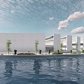 Modern White Architecture Exterior with Water Pool Reflections and Green Plants